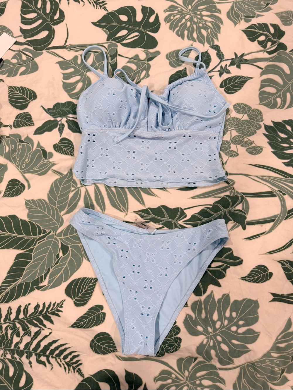 Light Blue Eyelet Lace Bikini Tankini Set - Women's Swim